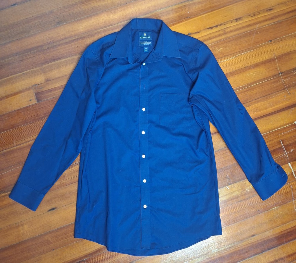 Stafford Men's Long Sleeve Button-Up Shirt, Dark Navy Blue, Size 15.5 Fitted